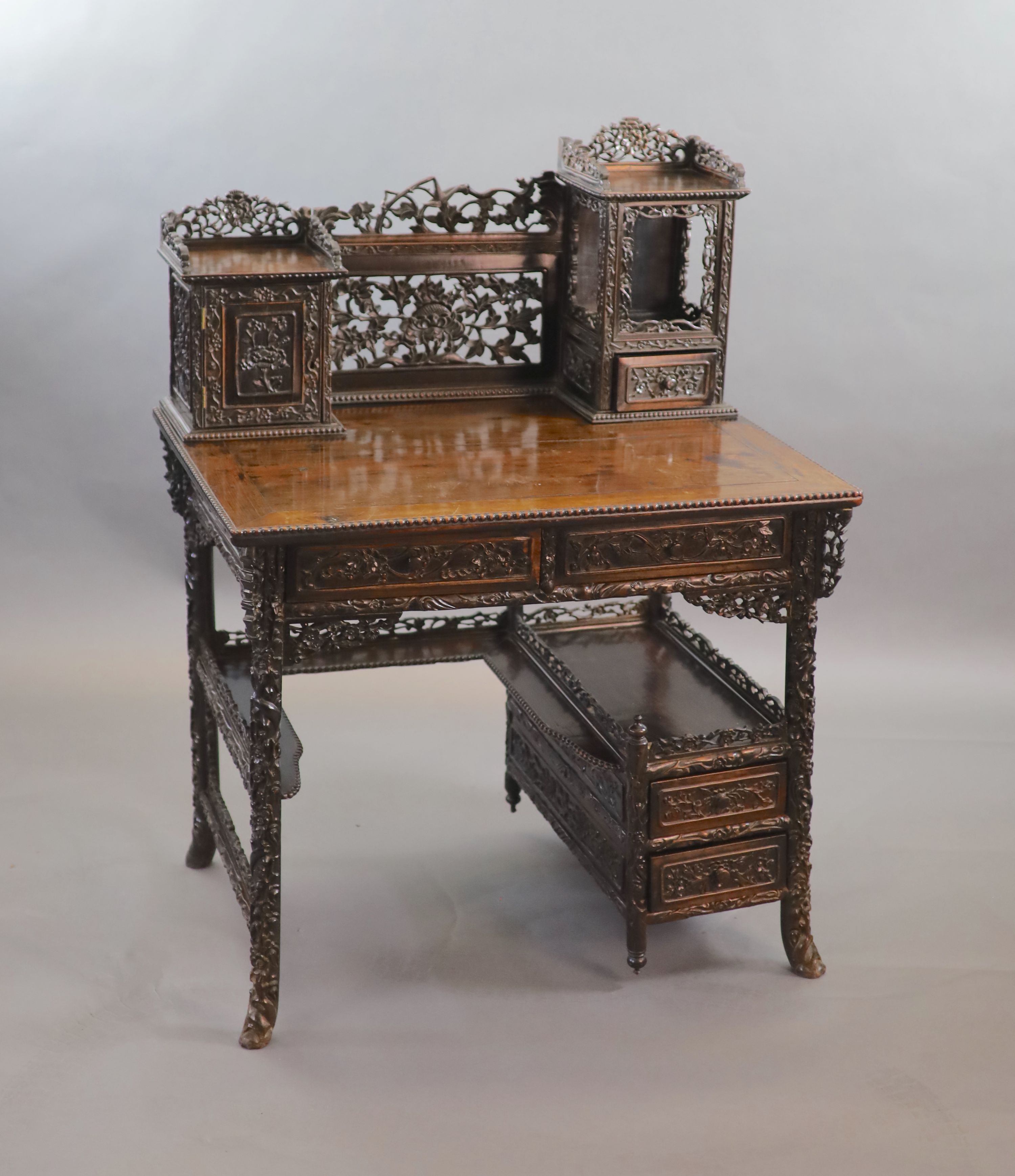 A late 19th century Chinese hongmu desk, W.94cm D.71cm H.128cm